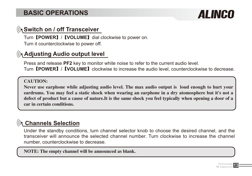 Basic operations, Switch on / off transceiver, Adjusting audio output level | Channels selection | Alinco DJ-A11E User Manual | Page 30 / 51