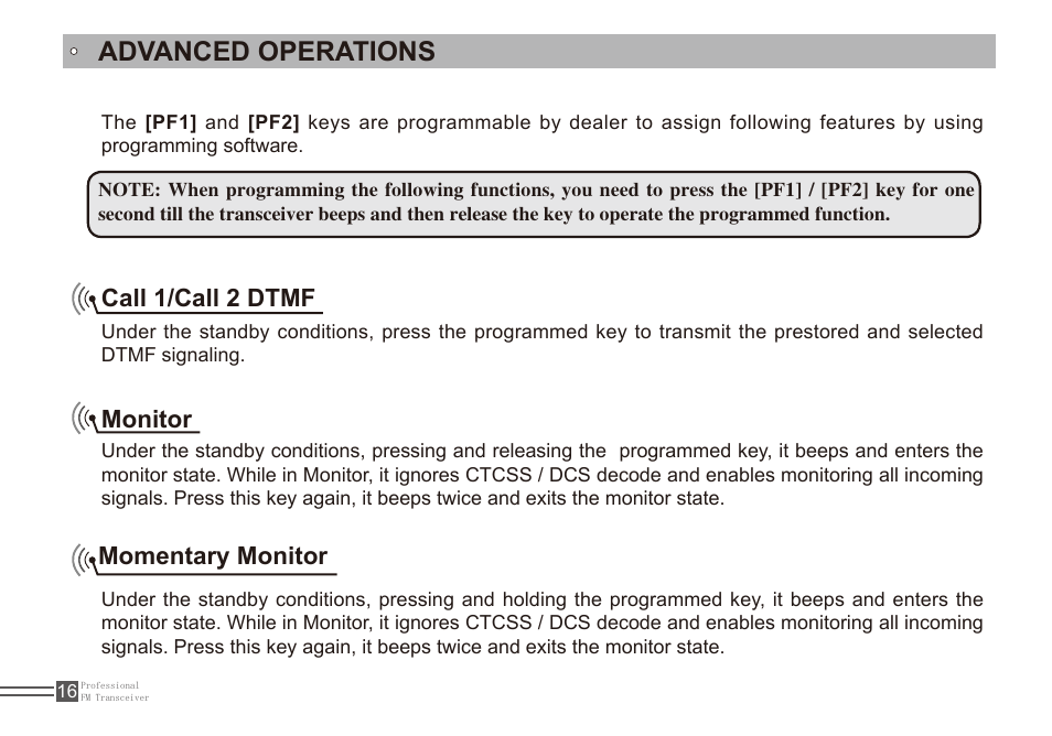 Advanced operations, Call 1/call 2 dtmf, Monitor | Momentary monitor | Alinco DJ-A11E User Manual | Page 33 / 51