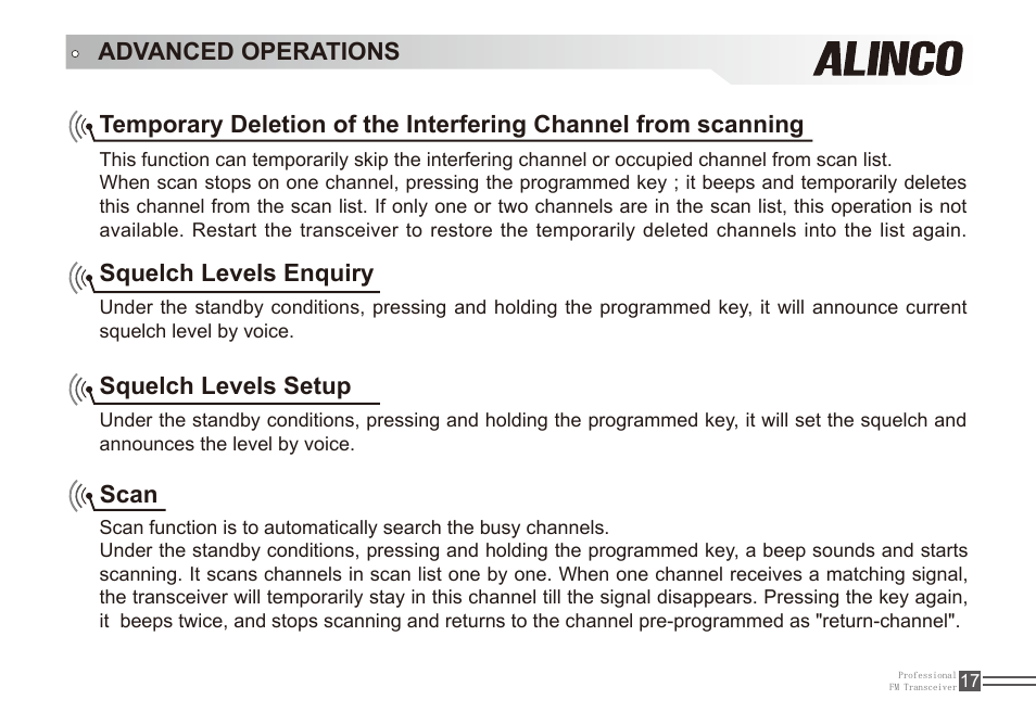 Squelch levels enquiry, Squelch levels setup, Scan | Alinco DJ-A11E User Manual | Page 34 / 51