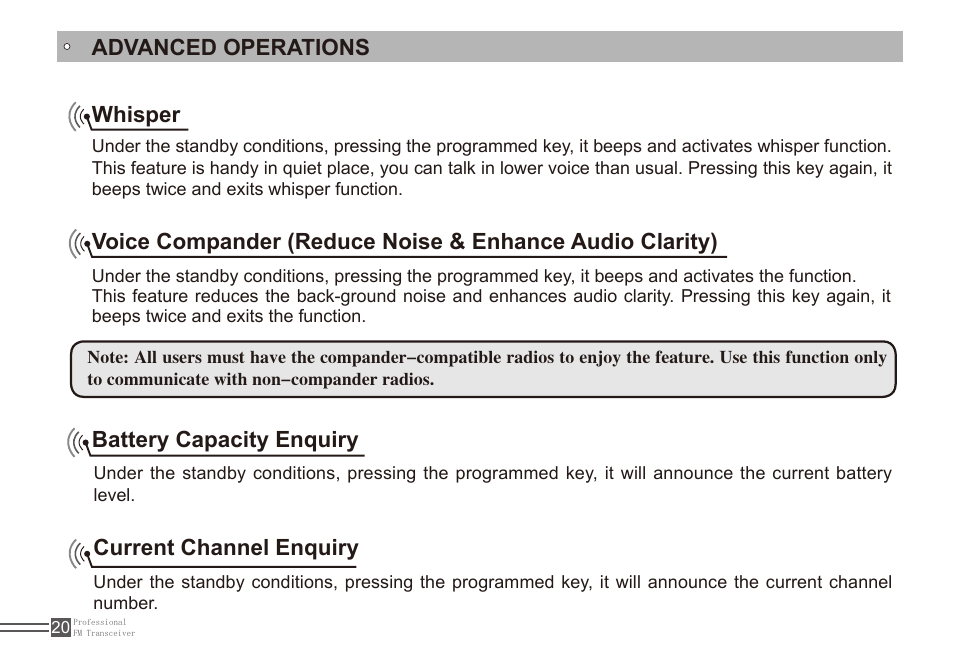 Advanced operations whisper, Battery capacity enquiry, Current channel enquiry | Alinco DJ-A11E User Manual | Page 37 / 51