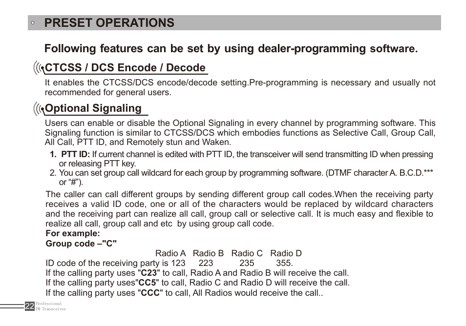 Preset operations, Ctcss / dcs encode / decode, Optional signaling | Software | Alinco DJ-A11E User Manual | Page 39 / 51