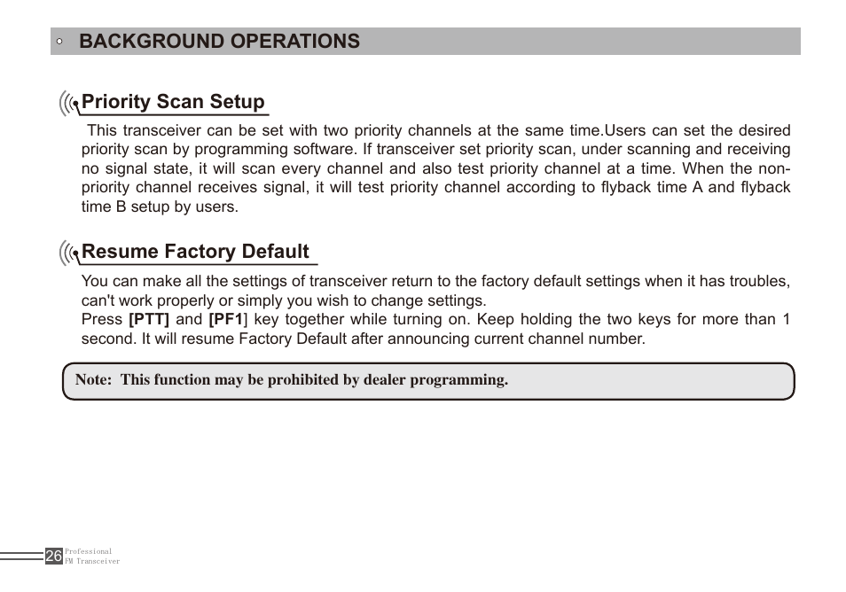 Background operations priority scan setup, Resume factory default | Alinco DJ-A11E User Manual | Page 43 / 51
