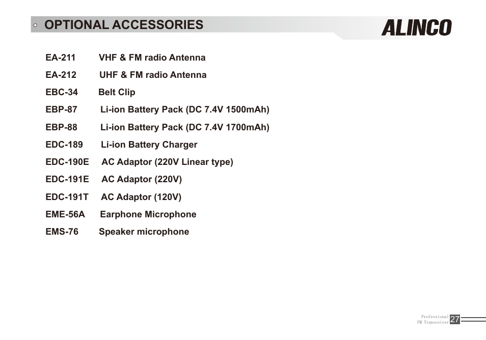 Optional accessories | Alinco DJ-A11E User Manual | Page 44 / 51