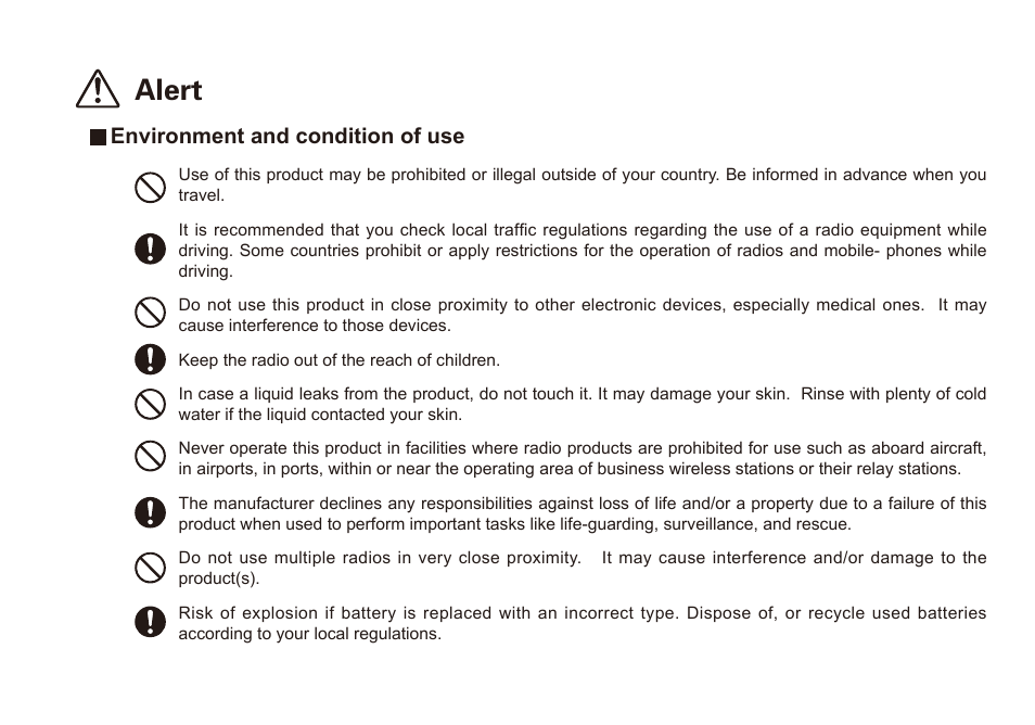 Alert, Environment and condition of use | Alinco DJ-A11E User Manual | Page 9 / 51