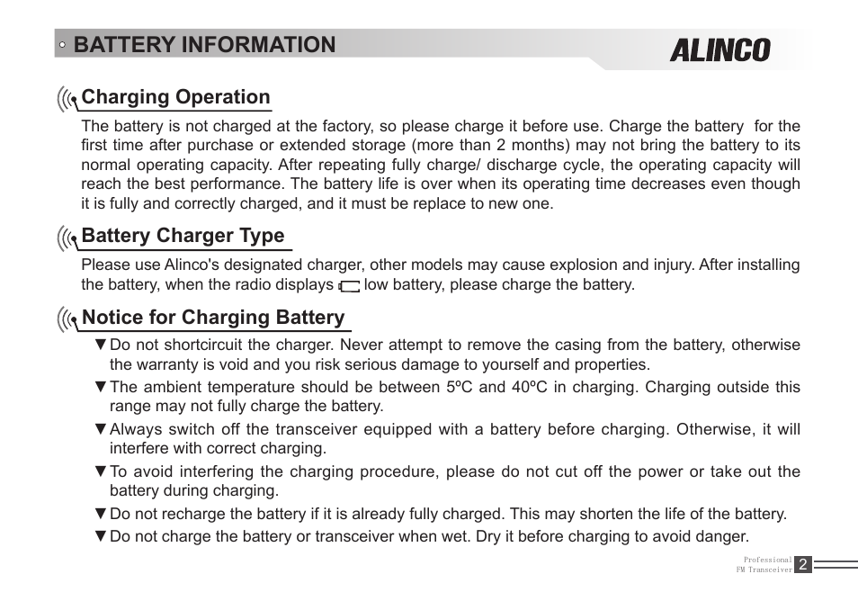 Battery information, Charging operation, Battery charger type | Notice for charging battery | Alinco DJ-A446 User Manual | Page 16 / 40