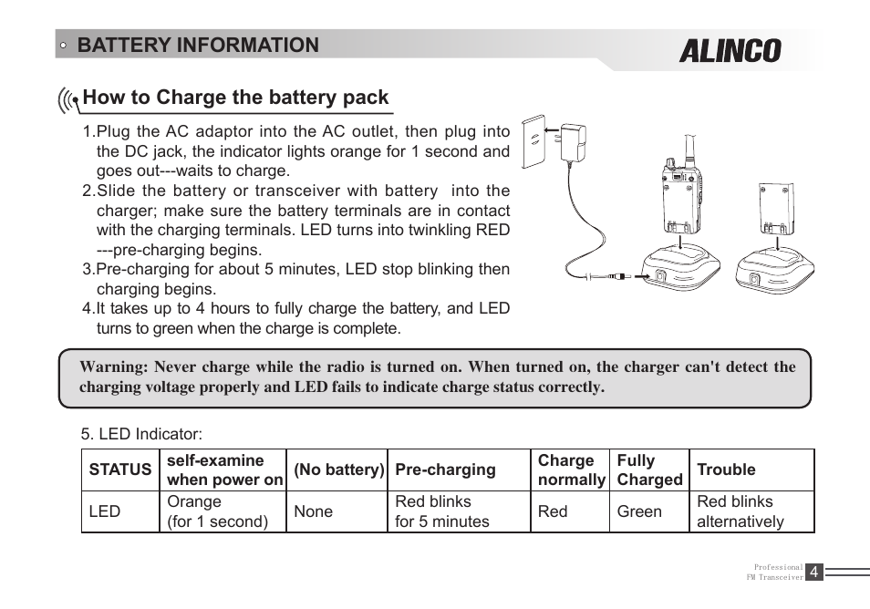 Battery information how to charge the battery pack | Alinco DJ-A446 User Manual | Page 18 / 40