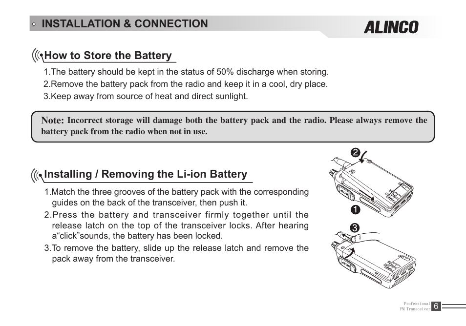 Installation & connection how to store the battery, Installing / removing the li-ion battery | Alinco DJ-A446 User Manual | Page 20 / 40