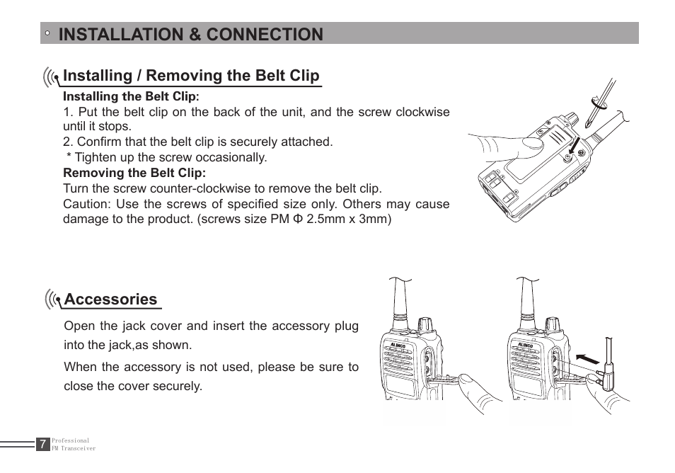 Installation & connection, Installing / removing the belt clip, Accessories | Alinco DJ-A446 User Manual | Page 21 / 40