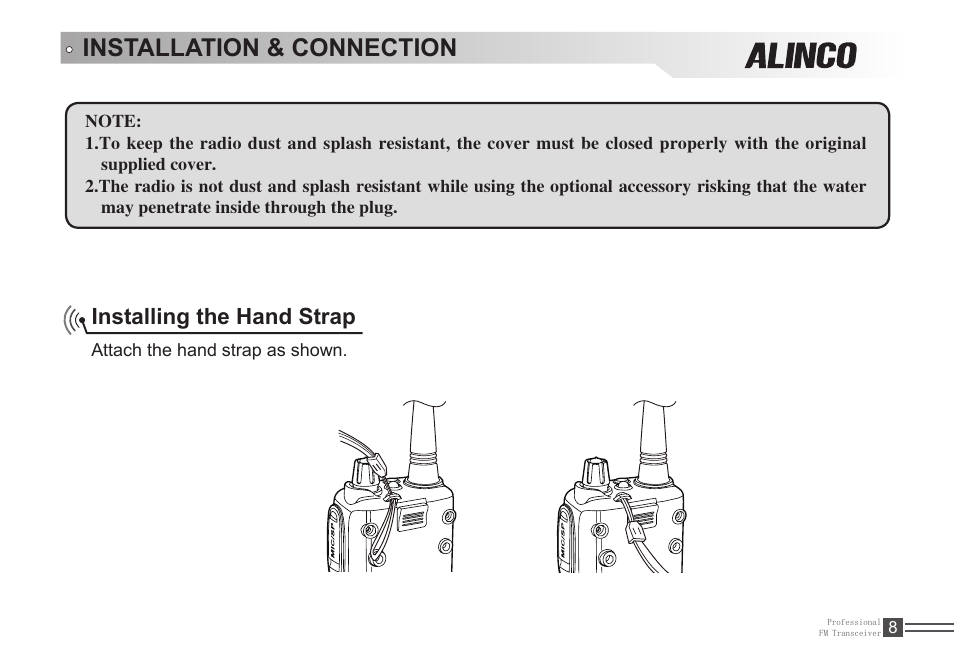 Installation & connection, Installing the hand strap | Alinco DJ-A446 User Manual | Page 22 / 40
