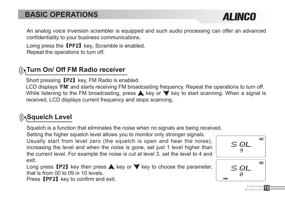 Basic operations, Squelch level turn on/ off fm radio receiver | Alinco DJ-A446 User Manual | Page 30 / 40