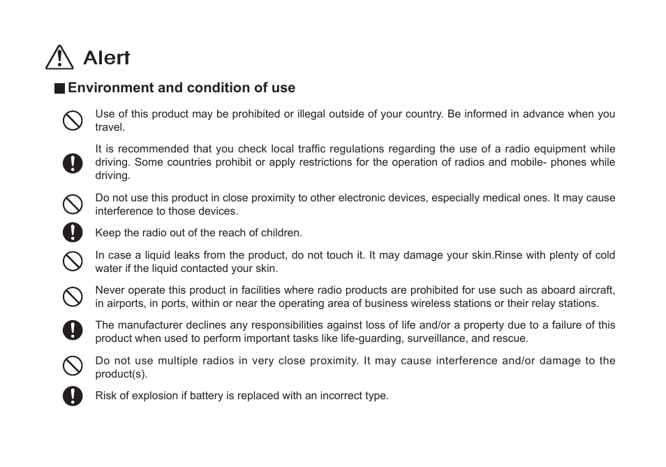 Alert, Environment and condition of use | Alinco DJ-A446 User Manual | Page 7 / 40