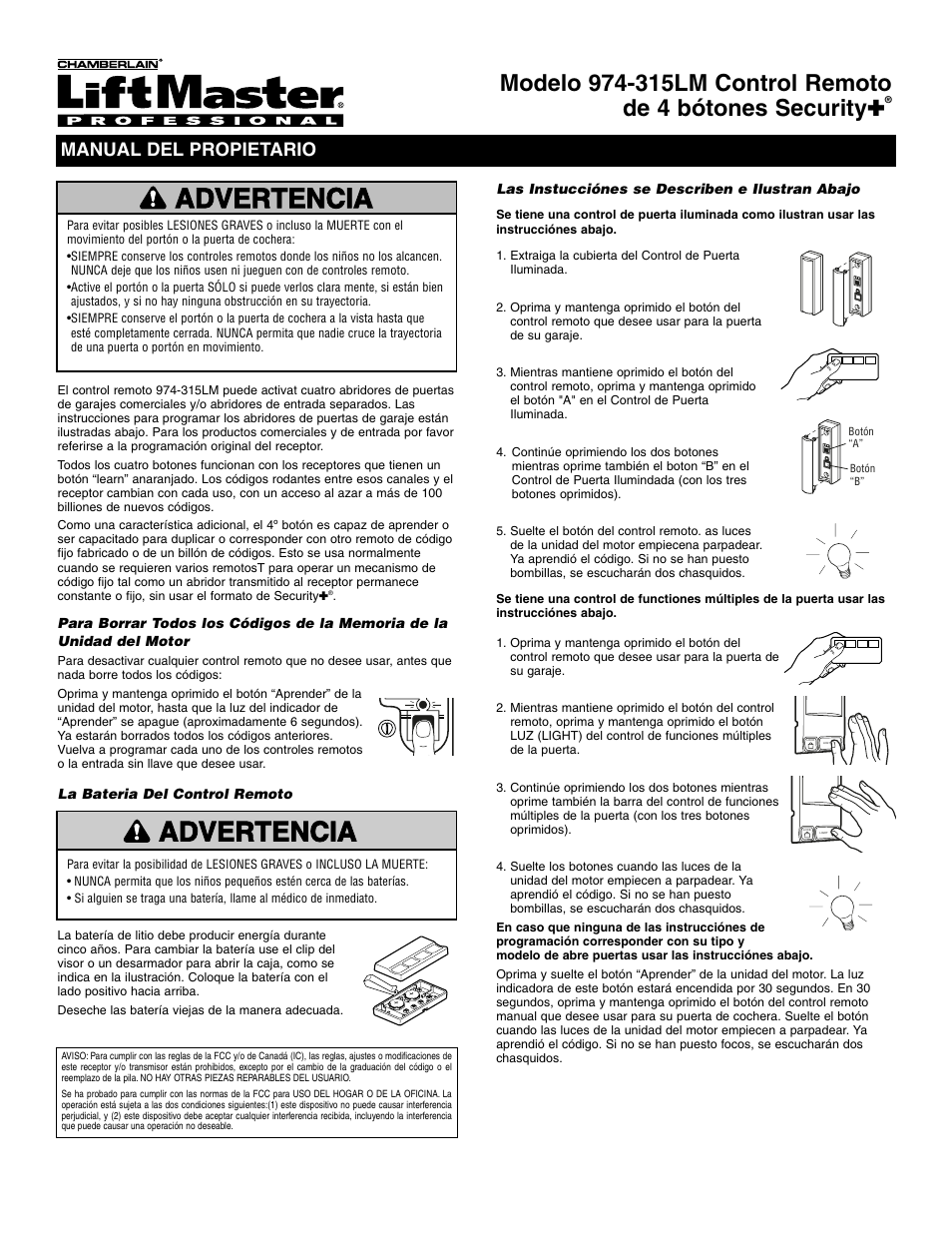 Spanish, Precaución advertencia advertencia advertencia, Manual del propietario | Chamberlain 974-315LM User Manual | Page 3 / 4