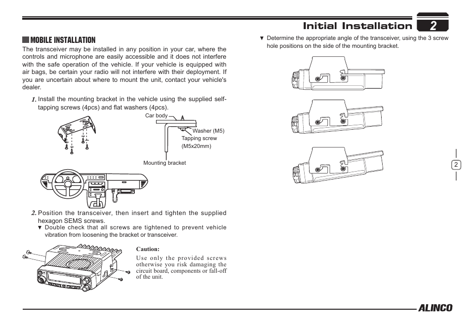 Initial installation, Mobile installation | Alinco DR-138  User Manual | Page 10 / 41