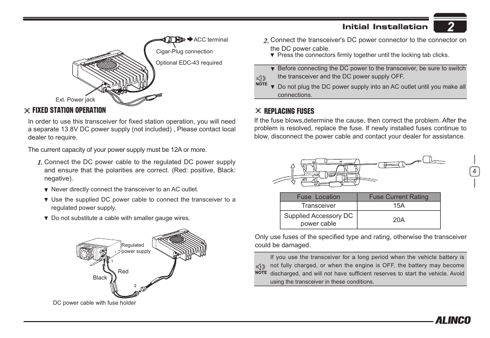 Fixed station operation, Replacing fuses | Alinco DR-138  User Manual | Page 12 / 41