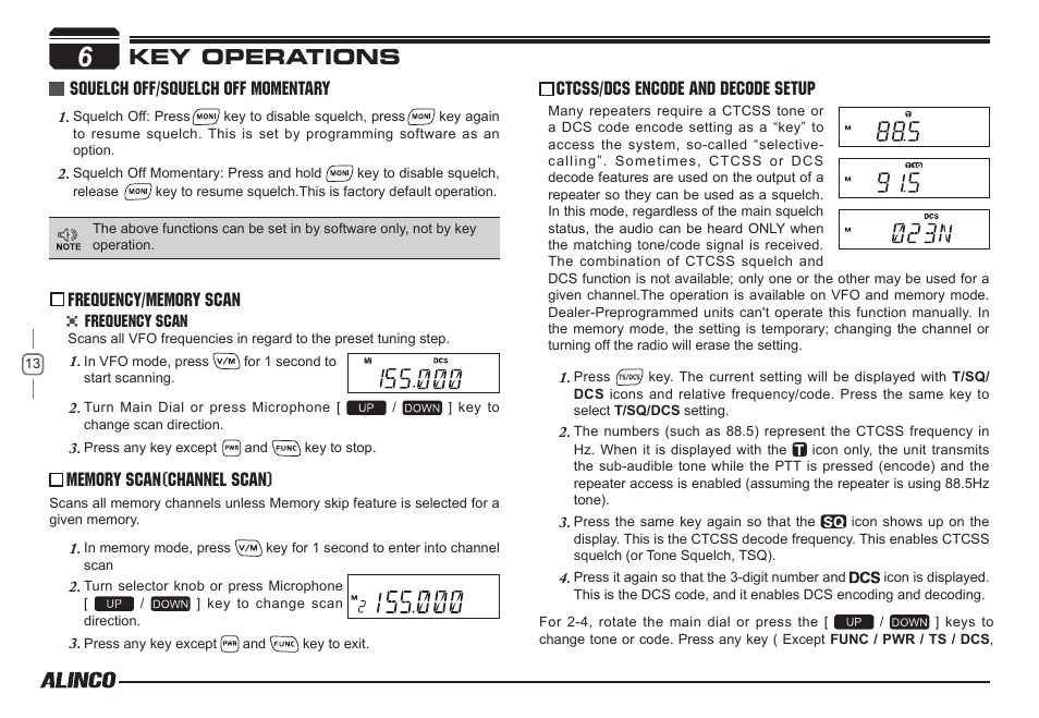 Key operations, Squelch off/squelch off momentary, Frequency scan | Alinco DR-138  User Manual | Page 21 / 41