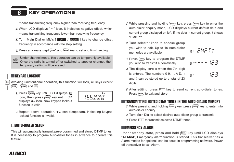 Keypad lockout auto-dialer setup, Emergency alarm | Alinco DR-138  User Manual | Page 23 / 41