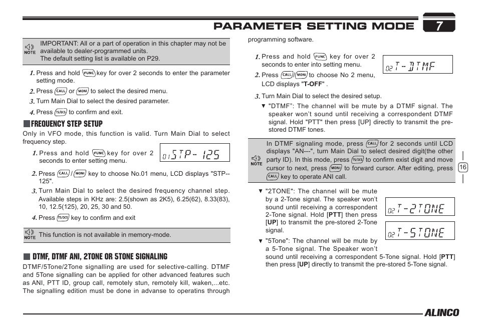 Parameter setting mode, Frequency step setup, Dtmf, dtmf ani, 2tone or 5tone signaling | Alinco DR-138  User Manual | Page 24 / 41