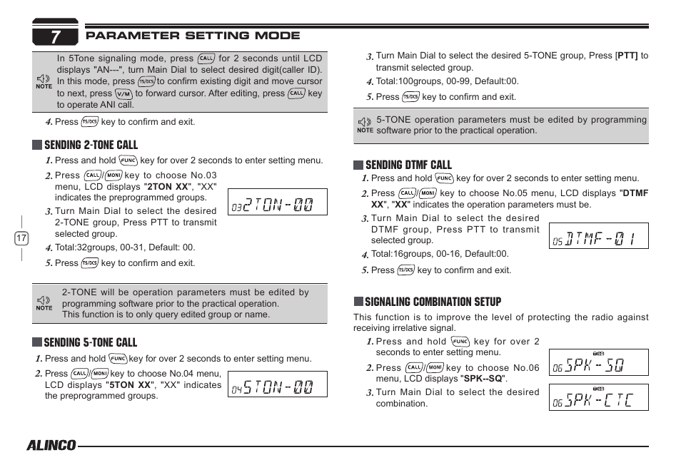 Sending 5-tone call, Sending 2-tone call, Sending dtmf call | Signaling combination setup | Alinco DR-138  User Manual | Page 25 / 41