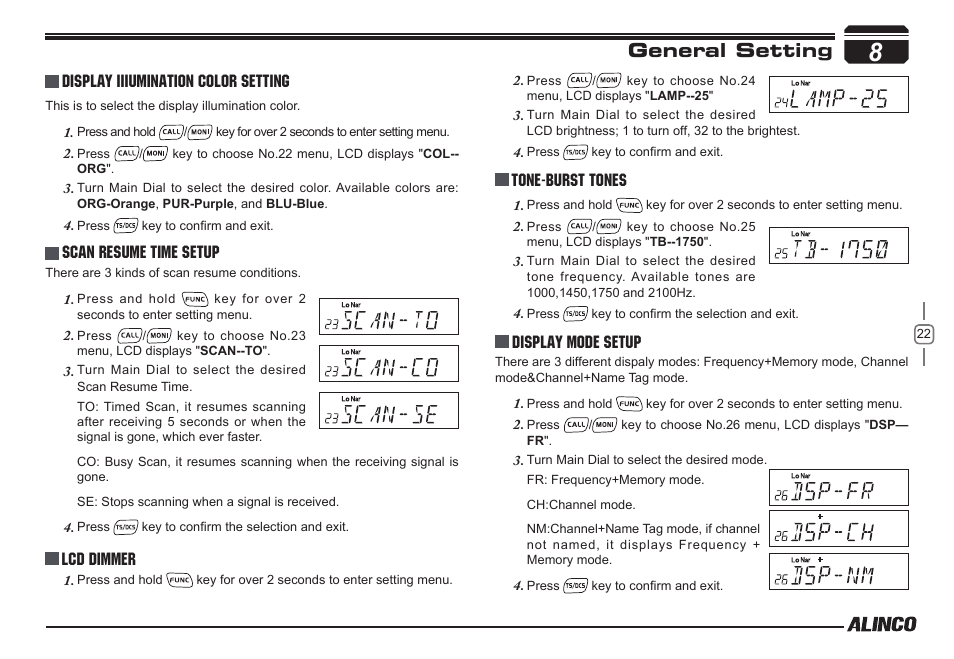 General setting, Display iiiumination color setting, Scan resume time setup | Lcd dimmer, Tone-burst tones, Display mode setup | Alinco DR-138  User Manual | Page 30 / 41