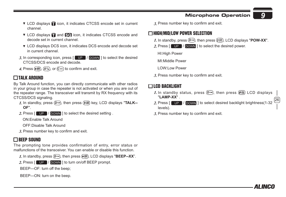 Talk around, Beep sound, High/mid/low power selection | Lcd backlight | Alinco DR-138  User Manual | Page 34 / 41