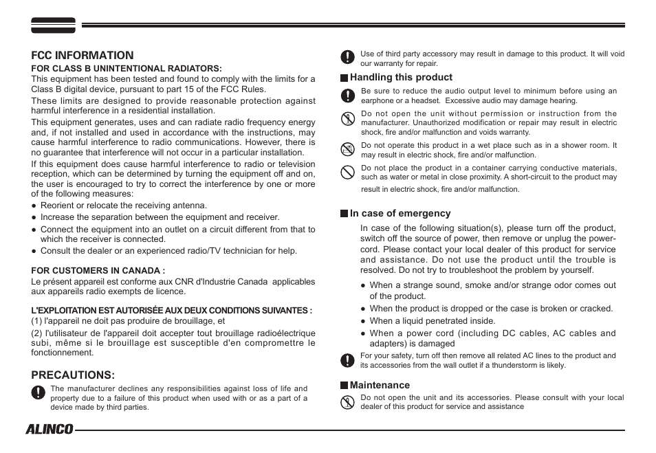 Fcc information, Precautions | Alinco DR-138  User Manual | Page 5 / 41