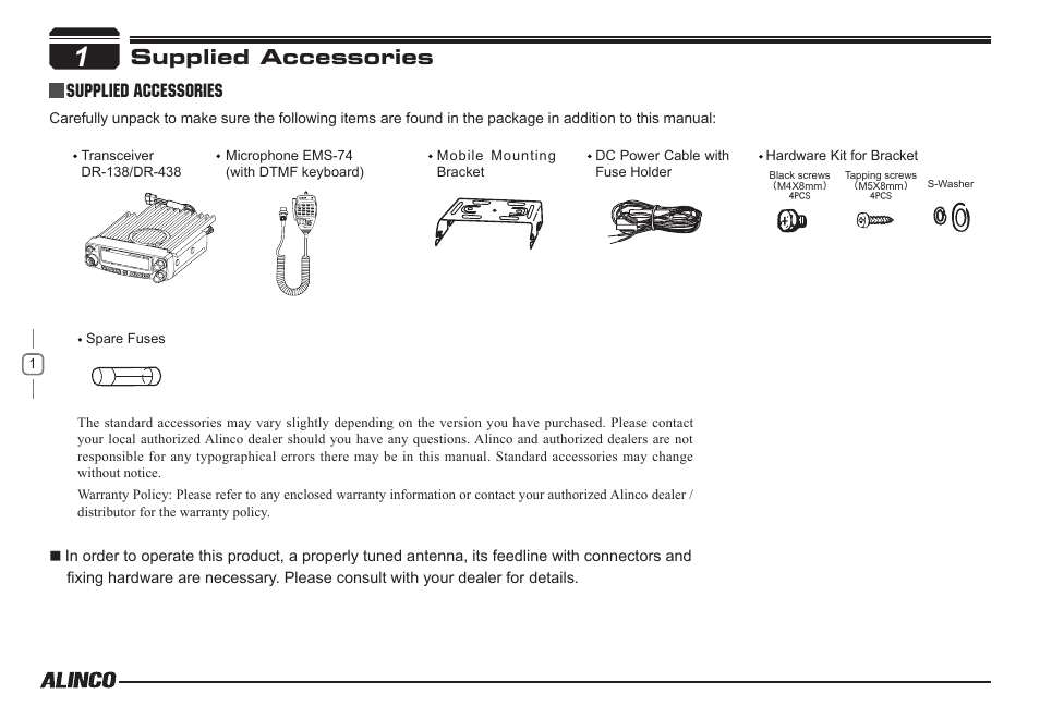 Supplied accessories | Alinco DR-138  User Manual | Page 9 / 41