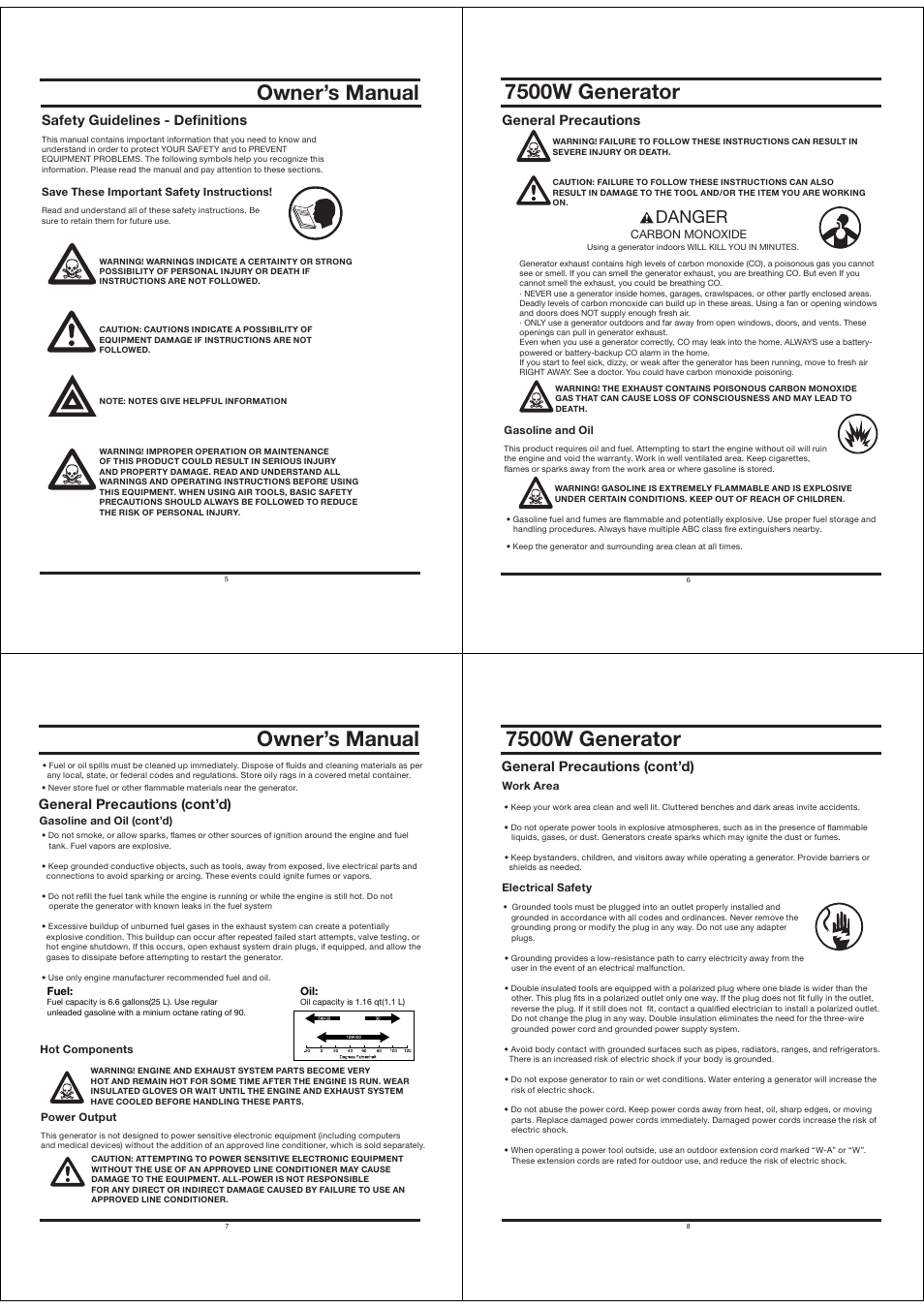 Owner’s manual, Lulyh[vy, 6^uly»z 4hu\hs | Safety guidelines - defi nitions, Lulyhs 7yljh\[pvuz, Lulyhs 7yljh\[pvuz jvu[»k | All Power APGG7500 User Manual | Page 2 / 14