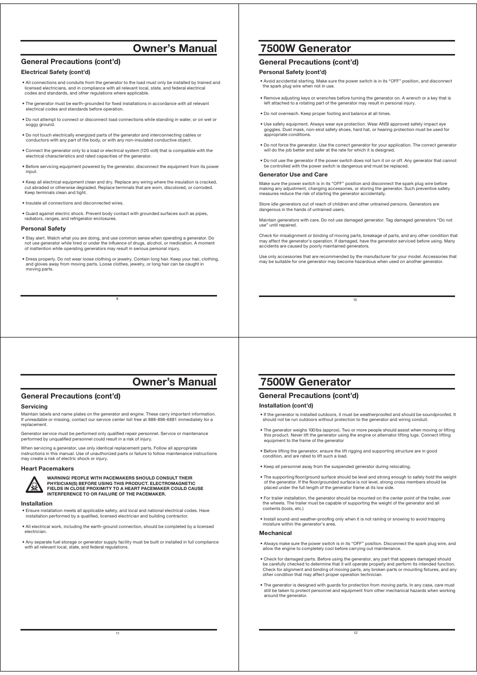 Owner’s manual, Lulyh[vy, General precautions (cont’d) | Lulyhs 7yljh\[pvuz jvu[»k | All Power APGG7500 User Manual | Page 3 / 14