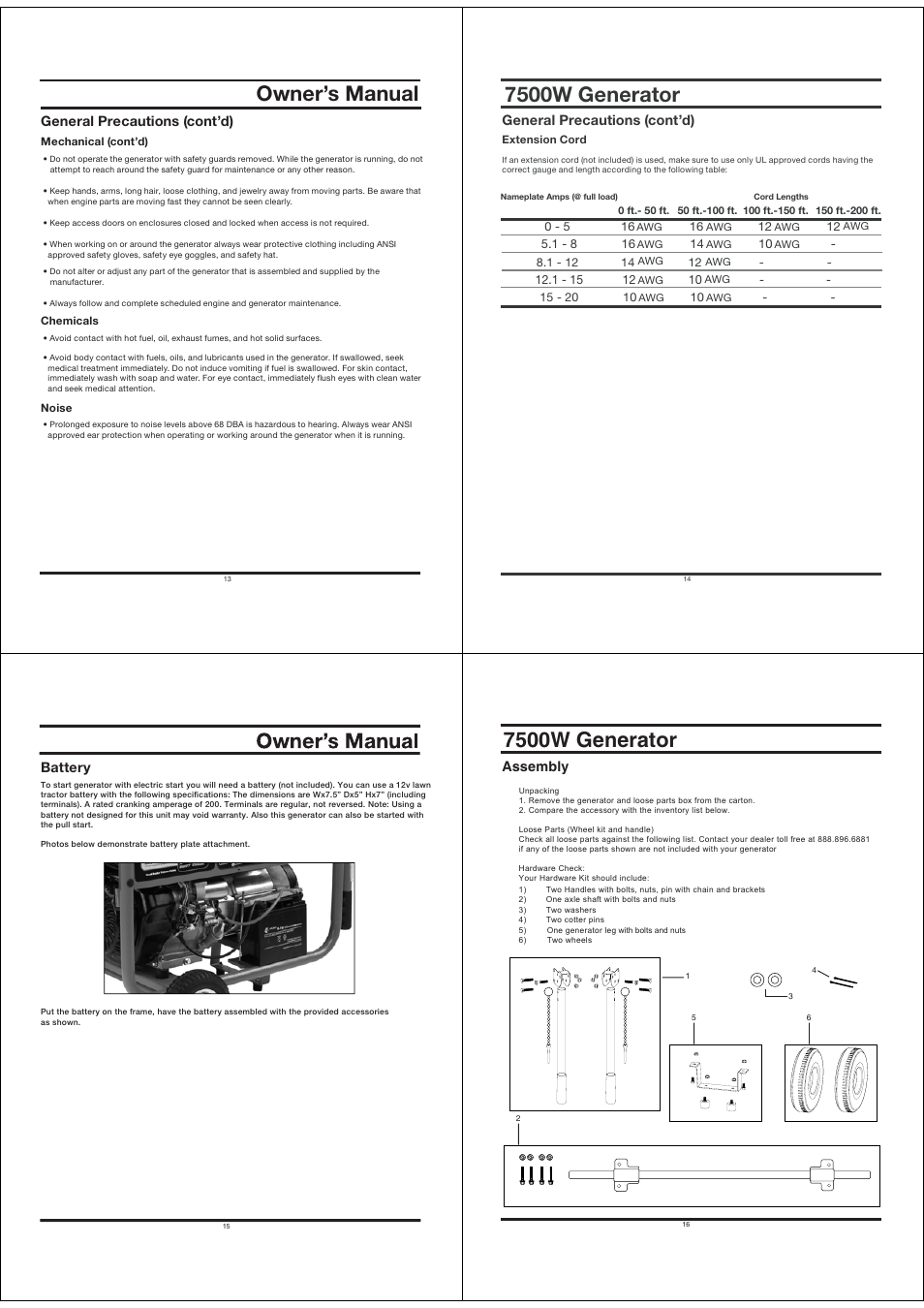 Owner’s manual, Lulyh[vy, 7500w generator | General precautions (cont’d), Lulyhs 7yljh\[pvuz jvu[»k, Battery, Assembly | All Power APGG7500 User Manual | Page 4 / 14