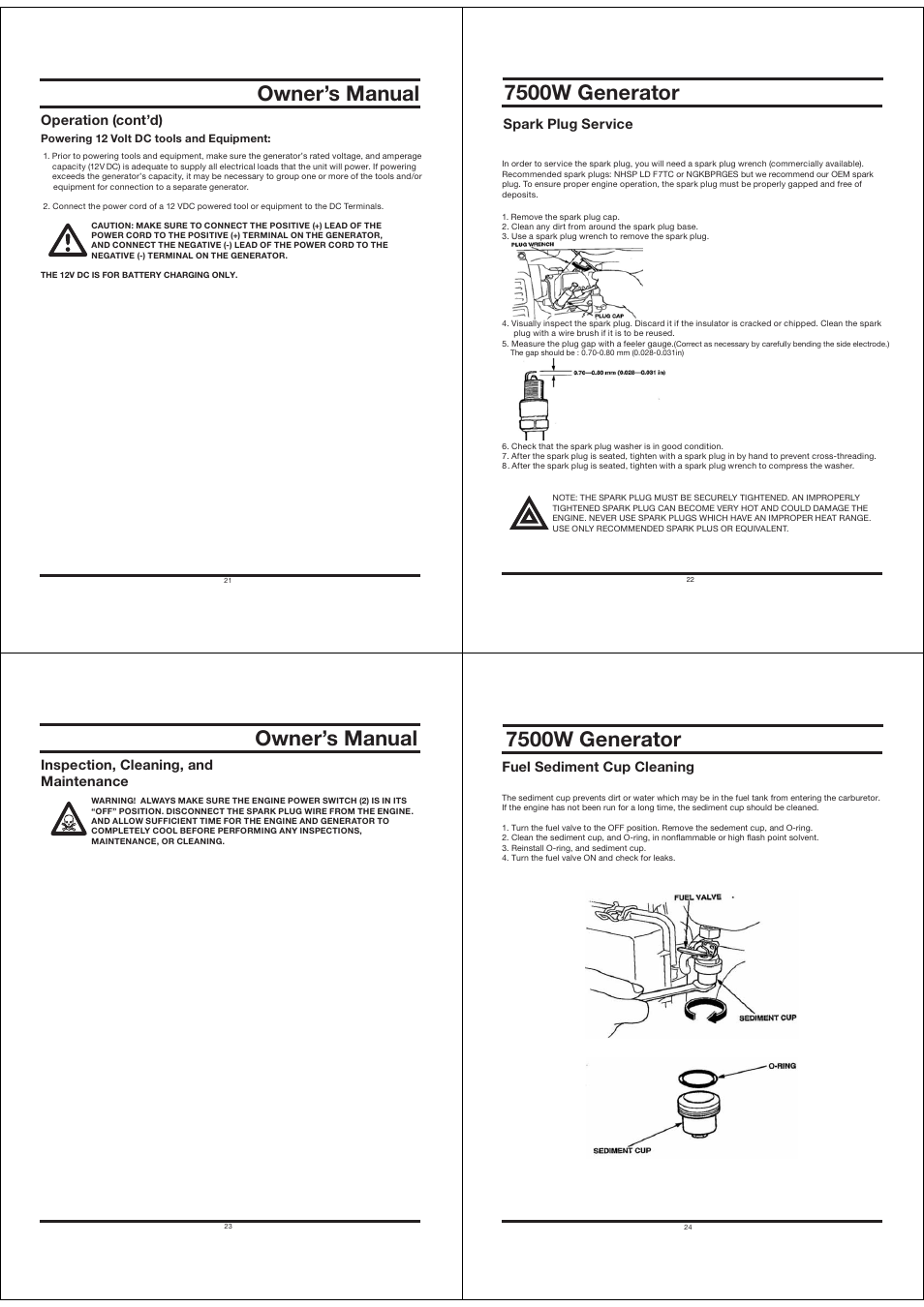 Owner’s manual, Lulyh[vy, Operation (cont’d) | Whyr7s\n :ly]pjl, Inspection, cleaning, and maintenance, Ls:lkptlu[*\w*slhupun | All Power APGG7500 User Manual | Page 6 / 14