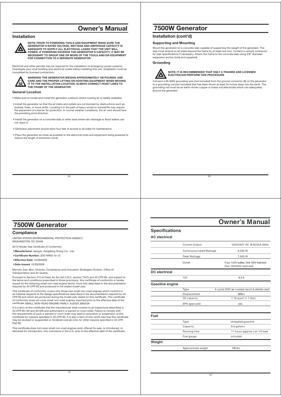 Owner’s manual, Lulyh[vy, Specifications | Installation, 0uz[hssh[pvu jvu[»k, Vtwsphujl | All Power APGG7500 User Manual | Page 8 / 14