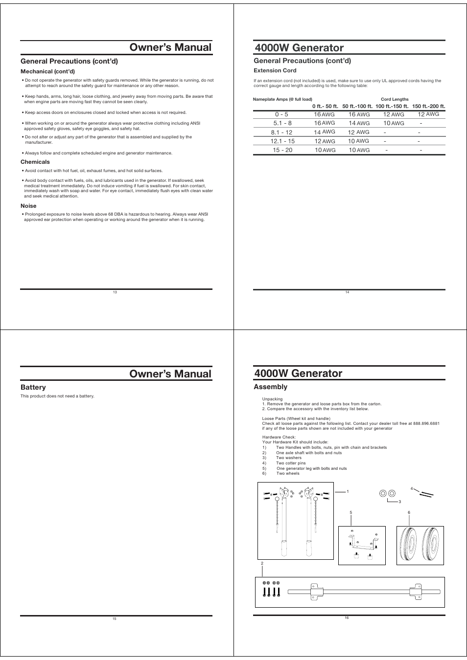 Owner’s manual, 4000w generator, General precautions (cont’d) | Battery, Assembly | All Power APGG4000 User Manual | Page 4 / 13