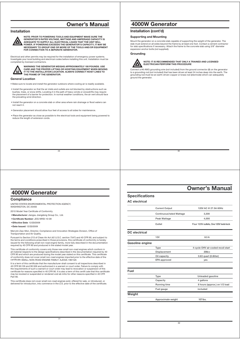 Owner’s manual, 4000w generator, Lulyh[vy | Speciﬁcations, Installation, Installation (cont’d), Vtwsphujl | All Power APGG4000 User Manual | Page 8 / 13