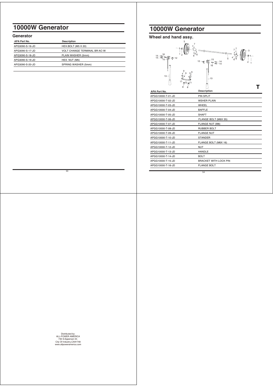 Generator, Wheel and hand assy | All Power APGG10000 User Manual | Page 14 / 14