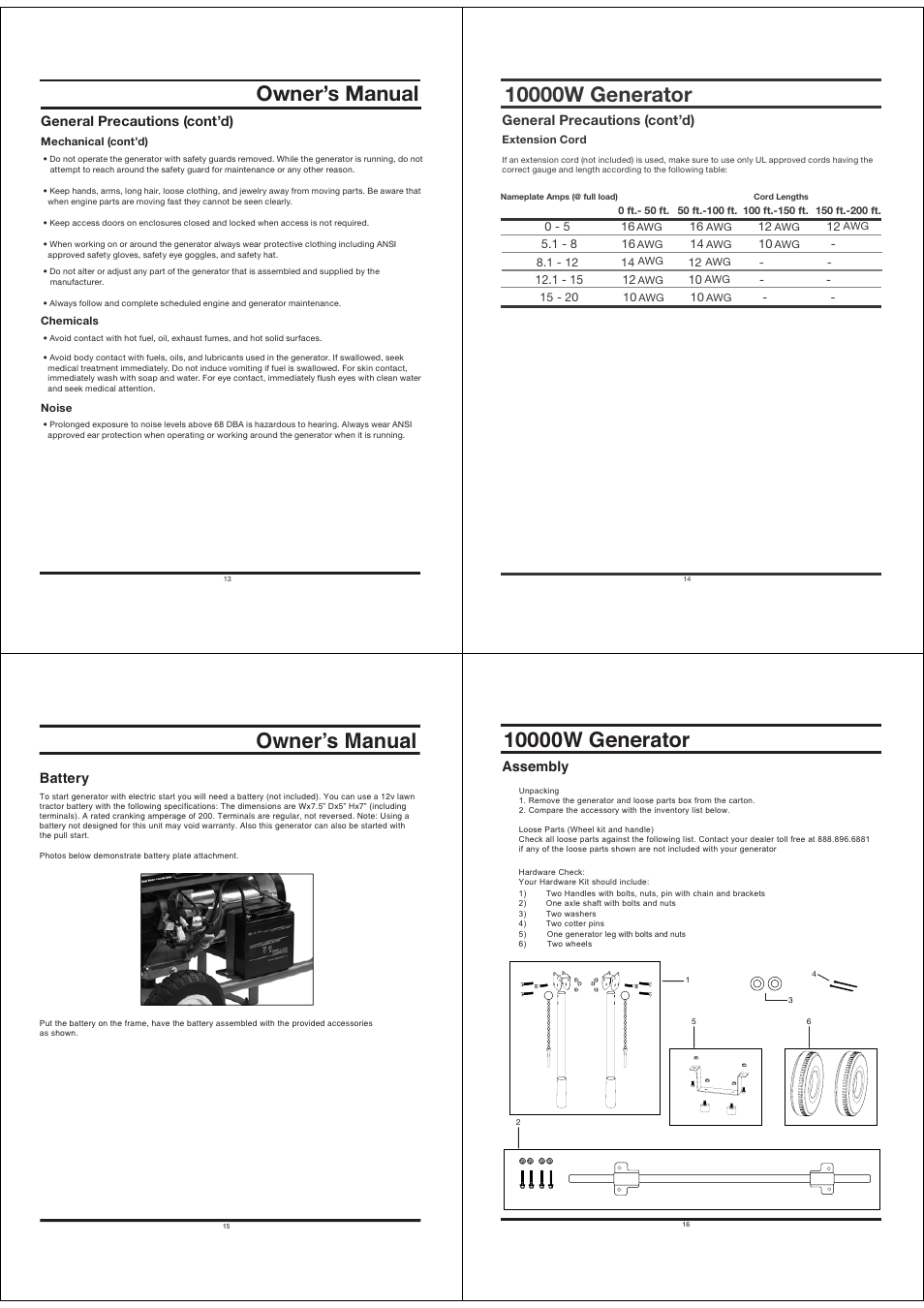 Owner’s manual, Lulyh[vy, 00w generator | General precautions (cont’d), Lulyhs 7yljh\[pvuz jvu[»k, Battery, Assembly | All Power APGG10000 User Manual | Page 4 / 14