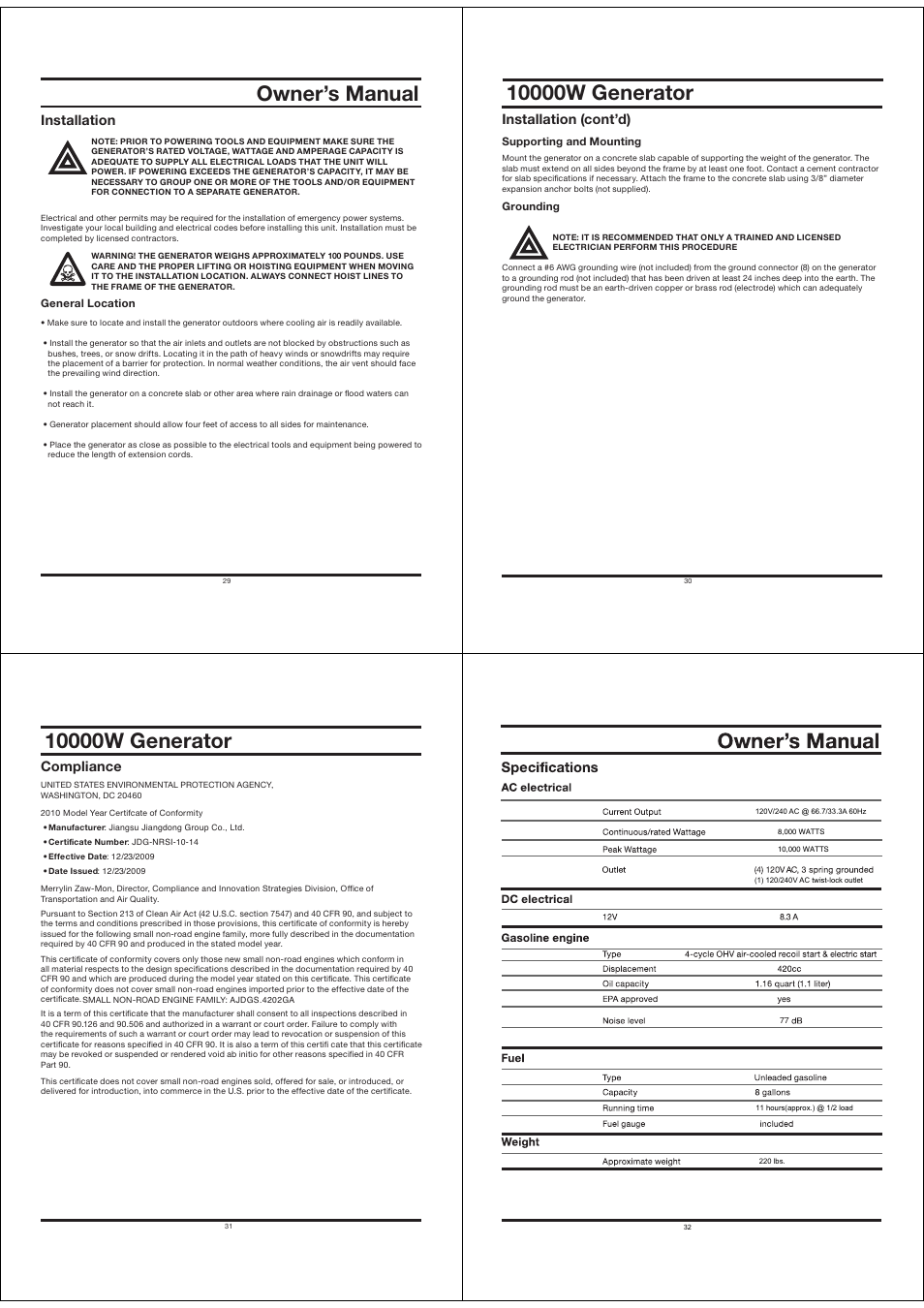 Owner’s manual, Lulyh[vy, Installation | 0uz[hssh[pvu jvu[»k, Vtwsphujl | All Power APGG10000 User Manual | Page 8 / 14