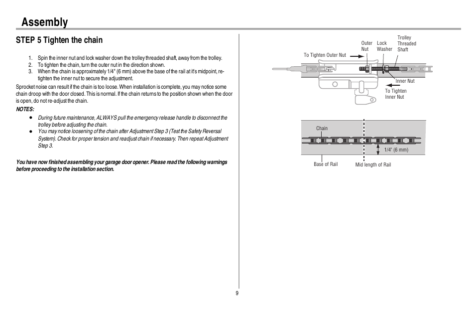 Step 5 tighten the chain, Assembly | Chamberlain 248730 User Manual | Page 10 / 44