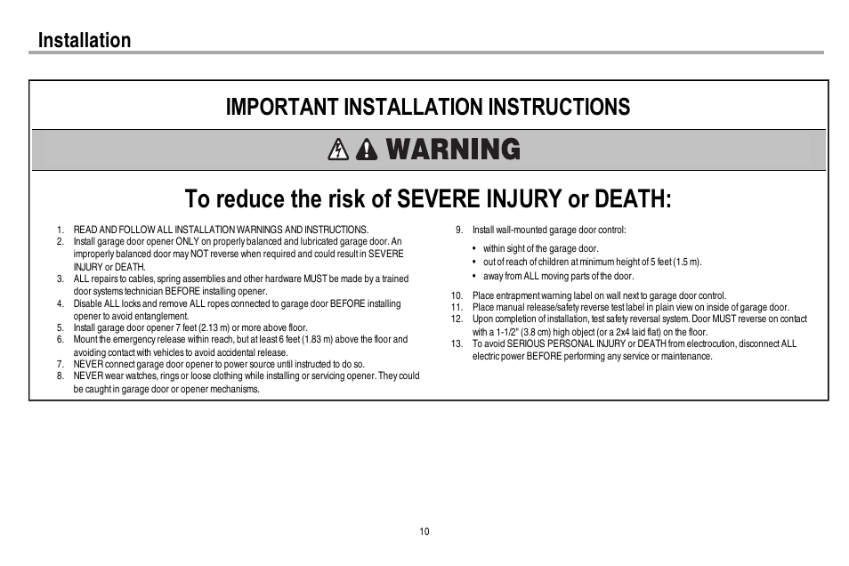 Installation, Important installation instructions | Chamberlain 248730 User Manual | Page 11 / 44