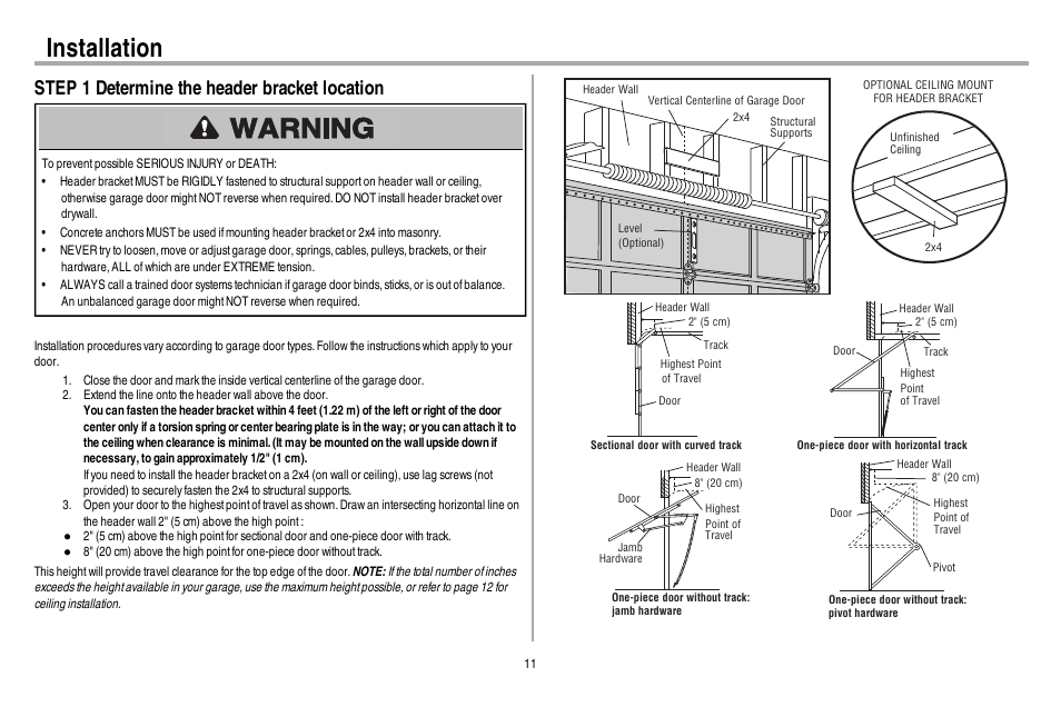 Step 1 determine the header bracket location, Installation | Chamberlain 248730 User Manual | Page 12 / 44