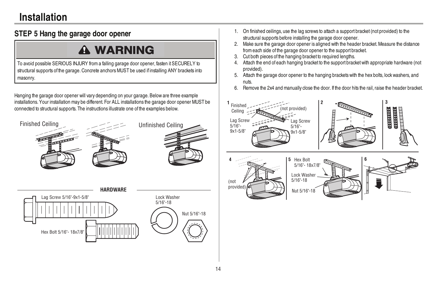Step 5 hang the garage door opener, Puvcnncvkqp, 56'2  *cpi vjg ictcig fqqt qrgpgt | Chamberlain 248730 User Manual | Page 15 / 44