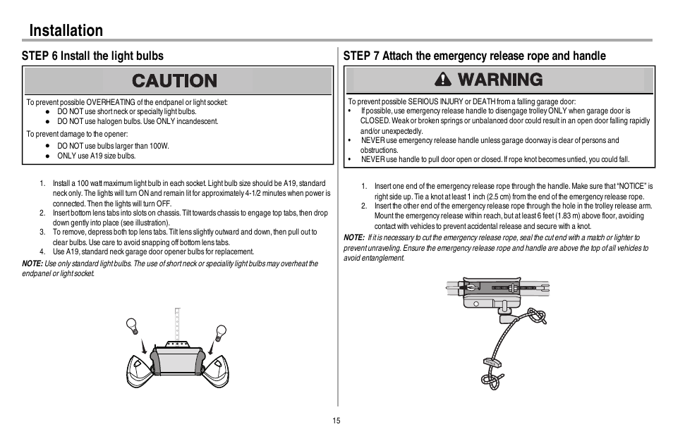 Step 6 install the light bulbs, Installation | Chamberlain 248730 User Manual | Page 16 / 44