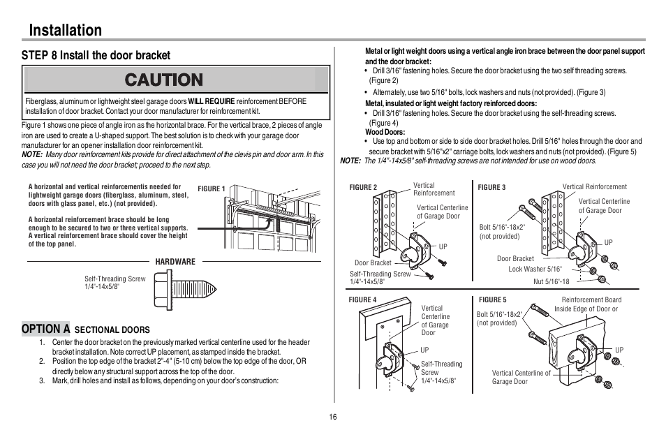 Step 8 install the door bracket, Option a sectional doors, Installation | Option a | Chamberlain 248730 User Manual | Page 17 / 44