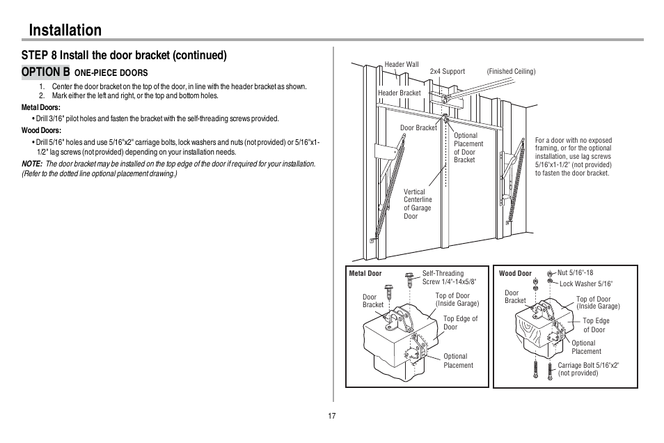 Option b one-piece doors, Installation | Chamberlain 248730 User Manual | Page 18 / 44