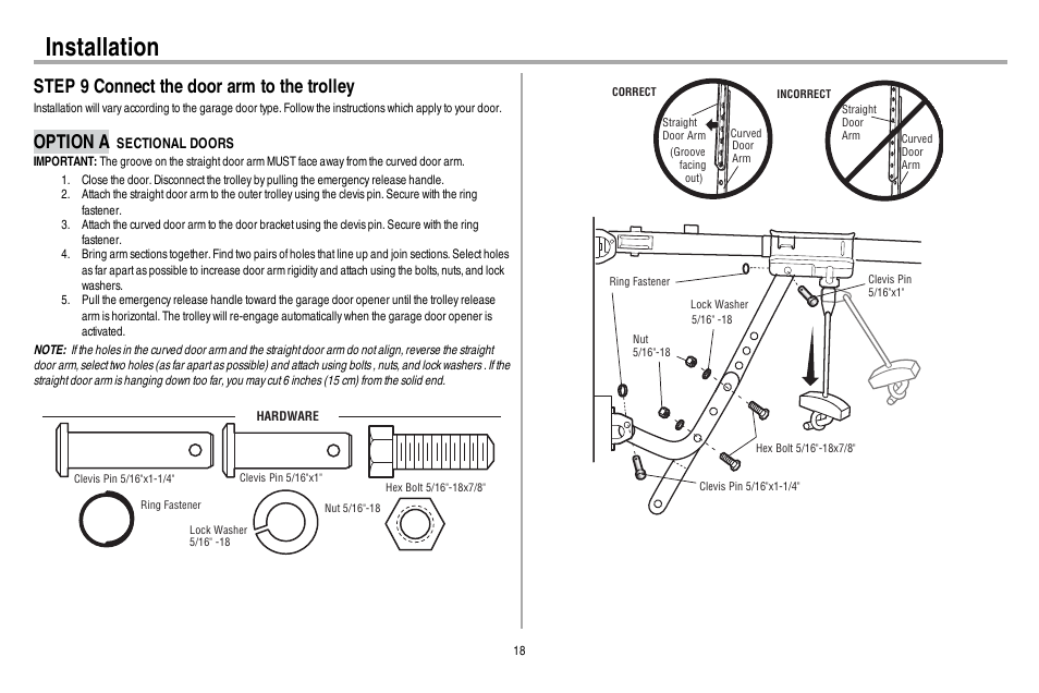 Step 9 connect the door arm to the trolley, Option a sectional doors, Installation | Option a | Chamberlain 248730 User Manual | Page 19 / 44