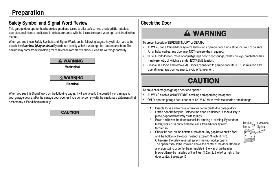 Preparation, Safety symbol and signal word review, Check the door | Chamberlain 248730 User Manual | Page 2 / 44