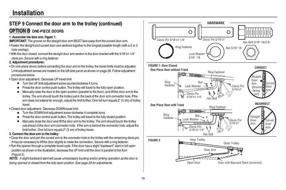 Option b one-piece doors, Installation | Chamberlain 248730 User Manual | Page 20 / 44