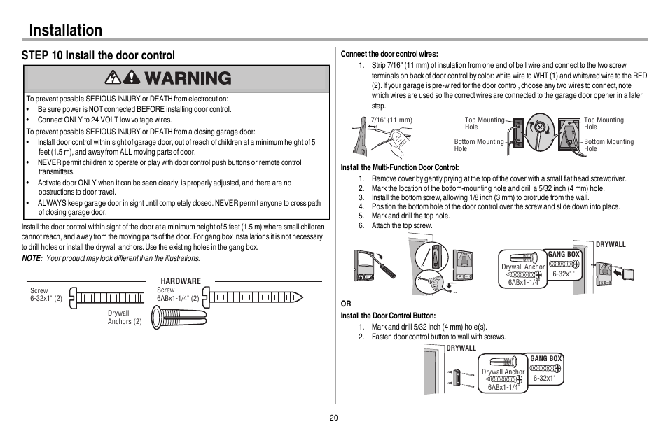 Step 10 install the door control, Installation | Chamberlain 248730 User Manual | Page 21 / 44