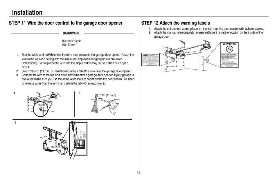 Step 12 attach the warning labels, Installation | Chamberlain 248730 User Manual | Page 22 / 44