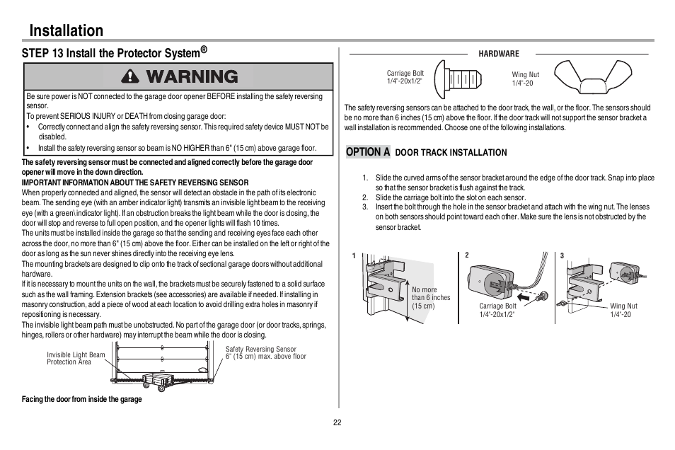 Step 13 install the protector system, Option a door track installation, Installation | Option a | Chamberlain 248730 User Manual | Page 23 / 44