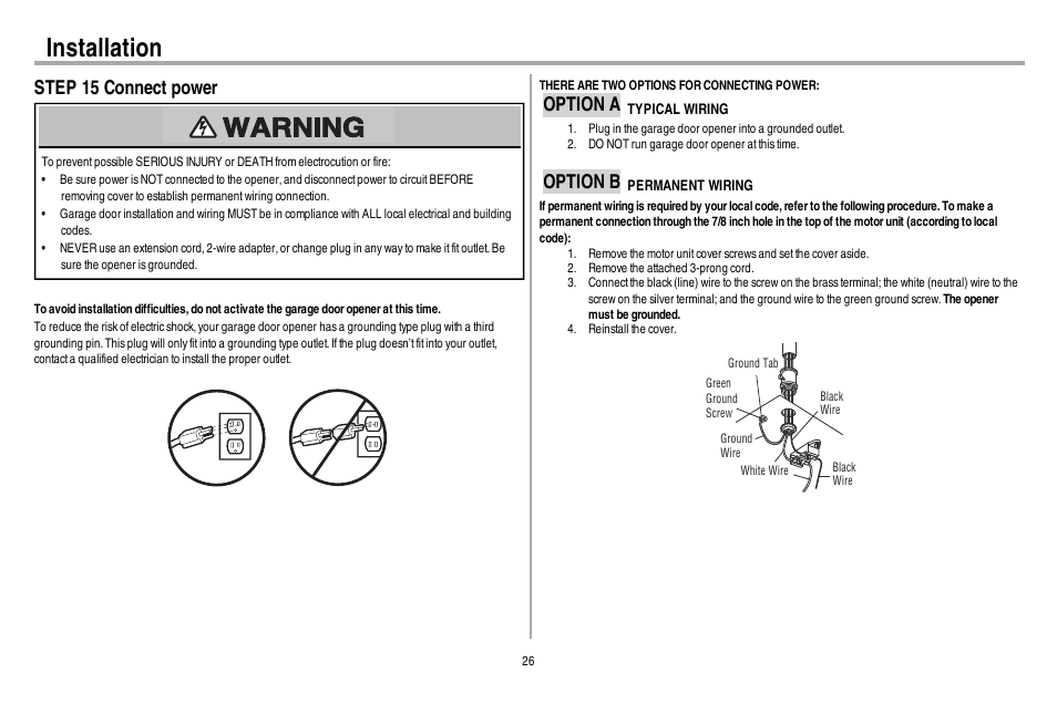 Step 15 connect power, Option a typical wiring, Option b permanent wiring | Installation, Option a, Option b | Chamberlain 248730 User Manual | Page 27 / 44